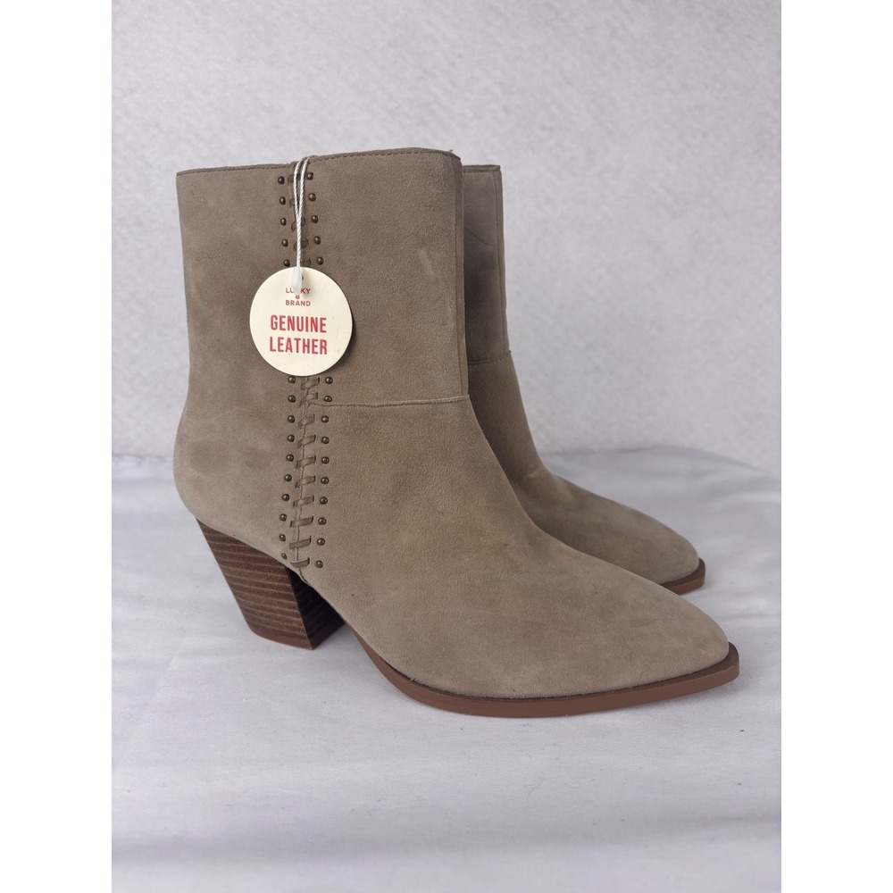 Lucky Brand Suede Ankle Boots Size 8.5M Western Boho Studded Pointed Toe Booties